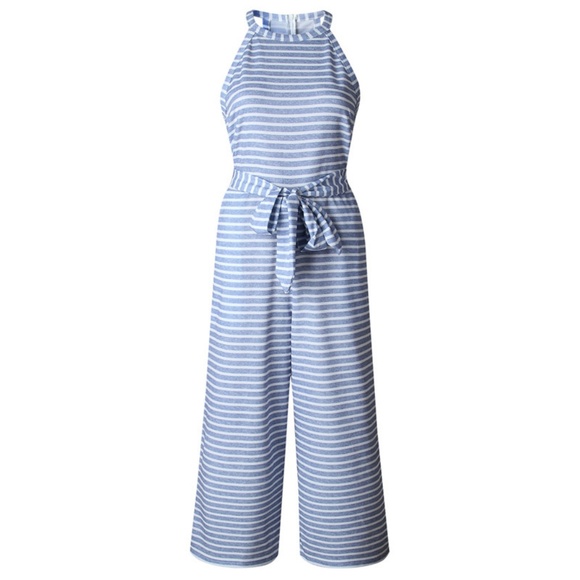 Sleeveless Blue Striped Wide Leg Jumpsuit Romper - Picture 2 of 3